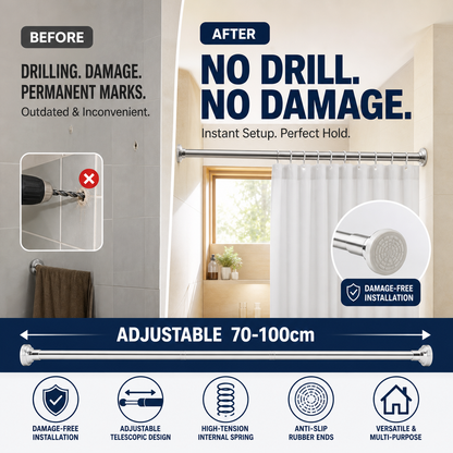 🔧 50% OFF NOW! 📏 Adjustable No-Drill Tension Rod – Tool-free install, strong grip & versatile – Creates instant storage anywhere, anytime 🏠