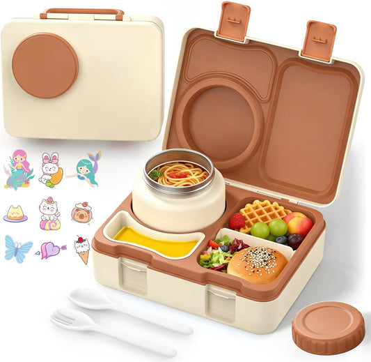 Bento Box for Kids, Leakproof Kids Bento Lunch Box Container with 8oz Insulated Thermo Food Jar, Sauce Jar, Utensil, DIY Stickers for School Boys Girls, 3-4 Compartments, BPA-Free