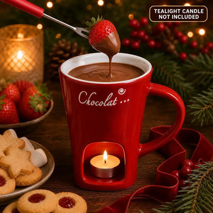 🥳2026 HOT SALE🥳💞50K+ SOLD! 🍫🕯️ 50% OFF! Ceramic Chocolate Fondue Mug – tealight warming keeps chocolate & cheese melted, includes dipping fork. Fun for dates & Christmas gatherings! 🎄💚