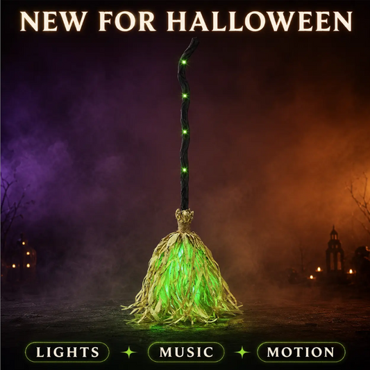 🧙 LIMITED TIME 50% OFF NOW! Animated Witch Broom Halloween Decoration – Walking Feet Movement, Spooky Sound & Glowing Green LED Lights – Perfect for Yard & Party ✨